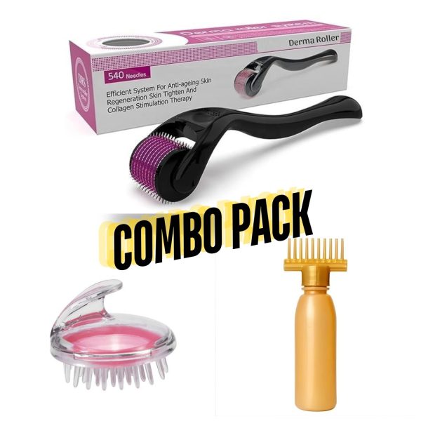 3 In 1 Combo Deal 1 Derma Roller , Silicone Scalp Massage Brush , Oil Bottle. - Creative house